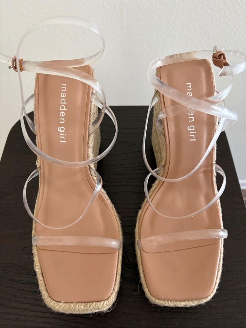madden girl Clear Strap Tan Espadrille Wedge Sandals
